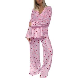 codcm Womens Pajama Sets Cotton Pj Set Cute Heart Print Long Sleeve Button Down Shirt With Long Pants (Large)