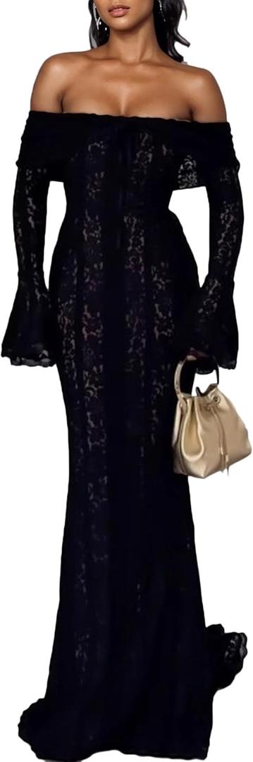 LETSVDO Women's Elegant Off Shoulder Lace Maxi Dress Bell Sleeve Bodycon Mesh Mermaid Dress(for Wedding, Evening, Party) (00black)