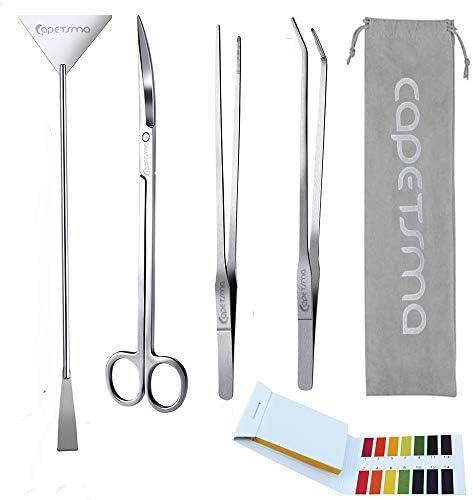 Capetsma Aquascape Long Stainless Steel Plant Tools Set - Aquarium Tweezers, Scissors, Spatula, Algae Scrapers - Fish Tank Cleaning Kit