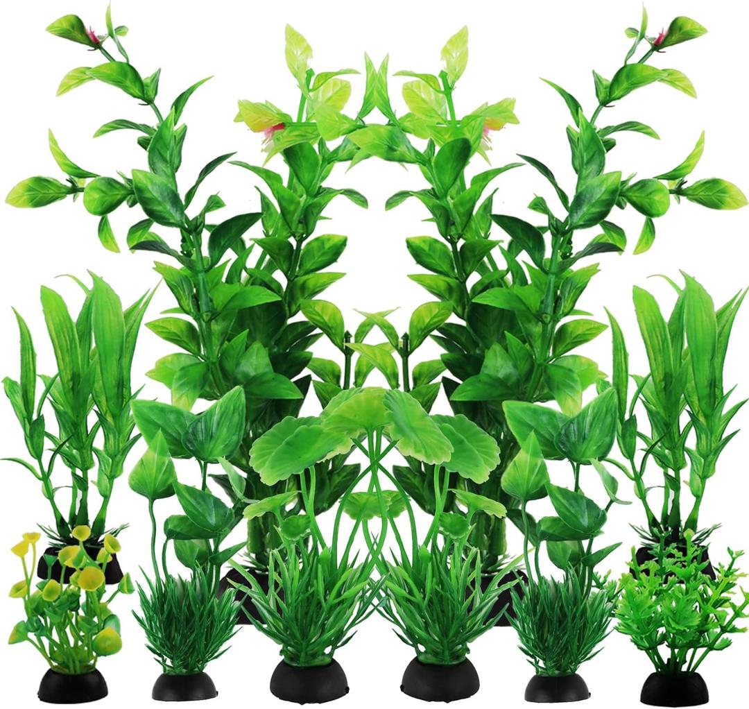 PietyPet Fish Tank Accessories Green Plants, 10pcs Green Fish Tank Decorations, Aquarium Decor Plastic Plants