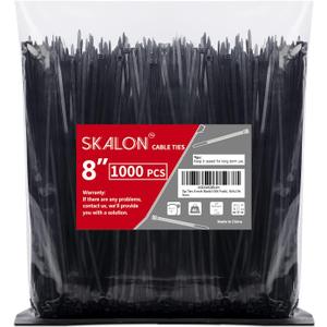 Zip Ties 8 inch (1000 Pack), 40lbs Tensile Strength, Black Cable Ties, Wire Ties for indoor and outdoor use, by Skalon