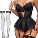 Lilosy Sexy Stocking Rhinestones Heart Garter Underwire Floral Mesh lace Sheer Babydoll Lingerie Teddy Bodysuit Skirt Set M