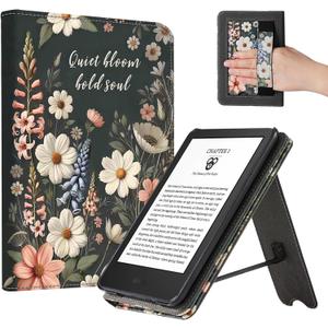 CoBak Case for 6" E-Reader - PU Leather Smart Cover with Auto Sleep/Wake & Hand Strap, not Compatible with Kobo Clara,Quiet Bloom