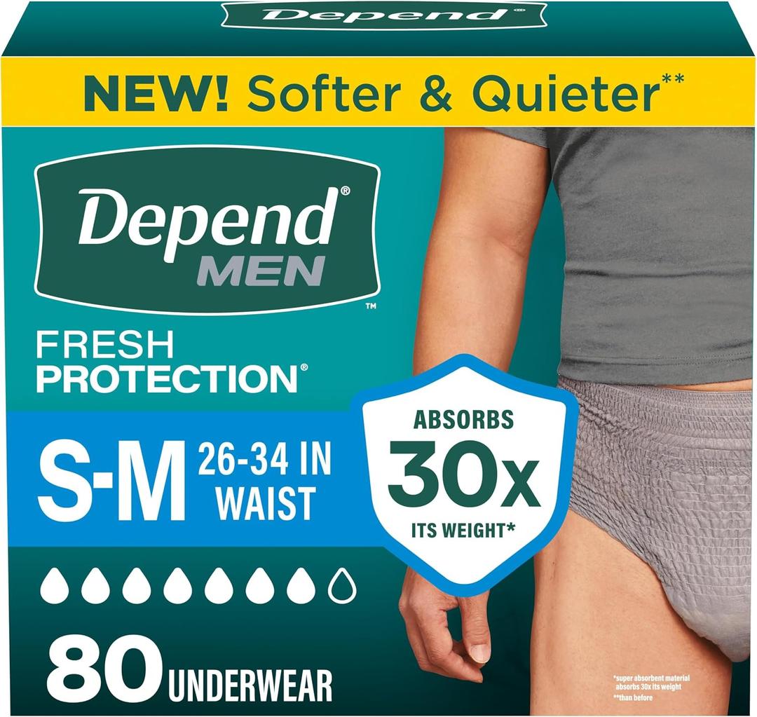 Depend Fresh Protection Adult Diapers, Incontinence Underwear for Men, Disposable, Maximum, Small/Medium, Grey, 80 Count (2 Packs of 40) 