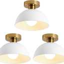 3-Pack Industrial Semi Flush Mount Ceiling Light with Gold Plate and White Shade, Farmhouse Ceiling Light Fixture for Kitchen Island Dining Room Foyer Hallway Porch Barn Loft10in