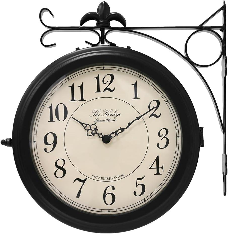 BESTIME 66276B Double Sided Metal Wall Clock with Black Frame.Dial: 10-Inch,Quiet,Easy Read,Retro Station,Antique Hanging Clocks for Garden,Home Decor,Indoor,Outdoor,Living Room., Medium