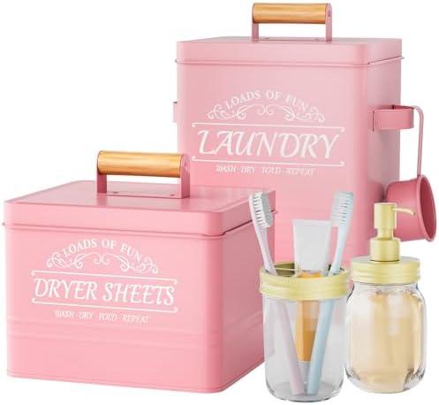 BSSN Farmhouse Laundry Storage Set - Metal Canister for Laundry Pods & Dryer Sheets, Glass Soap Dispenser & Toothbrush Holder | Pink Rustic Decor with Scoop | Laundry Room Organization