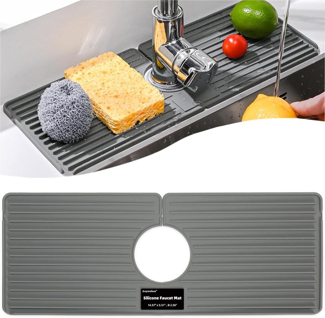 Faucet Mat for Kitchen Sink, Silicone Faucet Handle Drip Catcher Tray, Drying Mat as Sponge and Soap Holder with Lateral Inflow for Kitchen Bathroom Farmhouse & RV Sink Accessories (Grey) (5.5" x 14.5")
