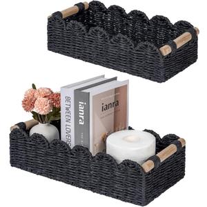 CubesLand Toilet Paper Storage Basket, Scalloped Edge Shelves Basket for Organizing for Over Toilet Tank Storage, Home Decor Baskets for Shelf, Countertop, Living Room, Bedroom, Handwoven, Black (Medium)