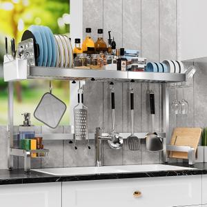 2 Tier Extra Large Over The Sink Dish Drying Rack, Expandable Stainless Steel Dish Drainer with Multifunctional Organizer, Space-Saving Above Sink Dish Rack with Large Capacity for Kitchen Counter