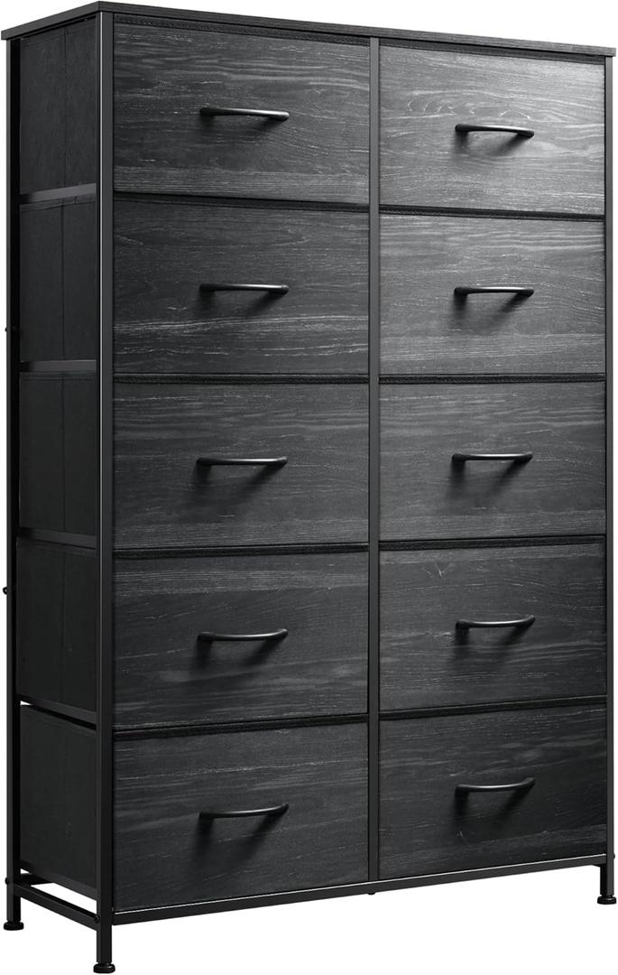 WLIVE Black Tall Dresser for Bedroom with 10 Drawers, Chest of Drawers, Dressers Bedroom Furniture, Storage Organizer Unit with Fabric Bins for Closet, Hallway, Living Room (Charcoal Black Wood Grain Print)