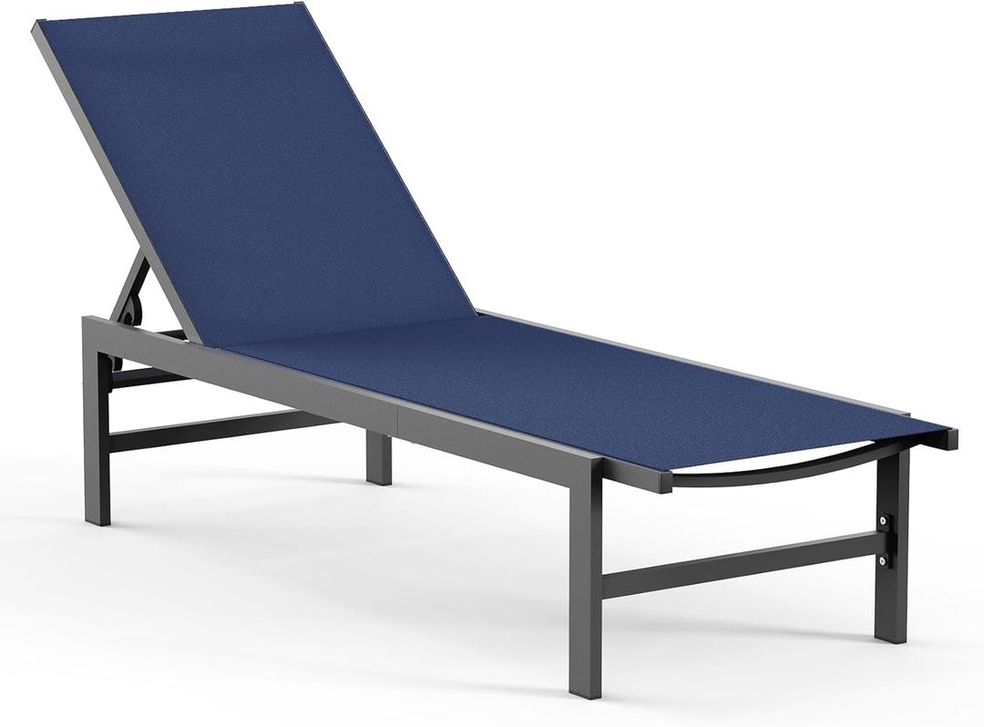 Outdoor Lounge Chairs for Pool, Aluminum Chaise Lounge Chairs with 5-Position Recliner, Patio Lounge Chair for Backyard, Poolside, Deck, Lawn, Navy Blue (1 Pack)
