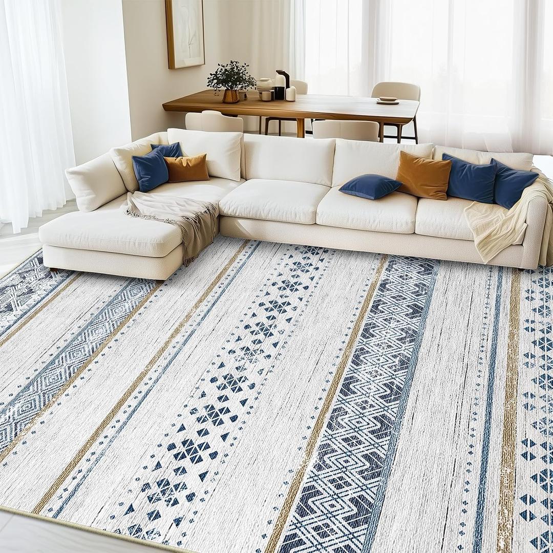 BESTSWEETIE 8x10 Area Rugs for Living Room Washable Moroccan Farmhouse Neutral Geometric Low Pile Non-Slip Soft Print Pattern Rug for Bedroom Kitchen Dining Room Entryway Blue/Brown