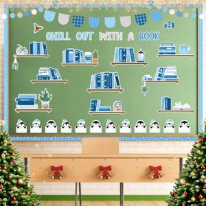 160Pcs Winter Bulletin Board Decorations Set, Bookshelf Penguin Paper Cutouts Chill Out with a Book Bulletin Board Border Trim Reading Theme Winter Classroom Chalkboard Supplies Wall Door Decor