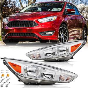 Headlights Assembly Pair with Bulbs for 2015 2016 2017 2018 Ford Focus S SE ST Halogen Headlamps Head Lights Replacement Driver and Passenger Side,Chrome Housing Amber Reflector