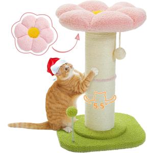 PEQULTI Flower Cat Scratching Post, Small Cat Tree, Scratcher for Indoor Cats with Super Thick Scratching Post [Dia=5.5''], Removable Flower Bed, Cat Scratch Post with Spring Ball, Pink