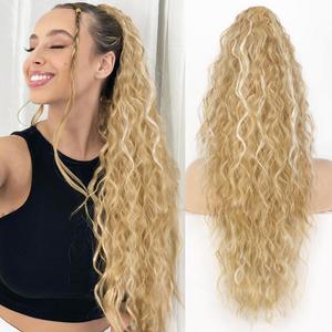 2 x ALXNAN Claw Clip Ponytail,26 Inch Blonde with White Blonde Highlights Ponytail Extension for Women Synthetic Long Curly Wavy Clip in Ponytail Hair Extensions Hairpiece for Daily Party Use