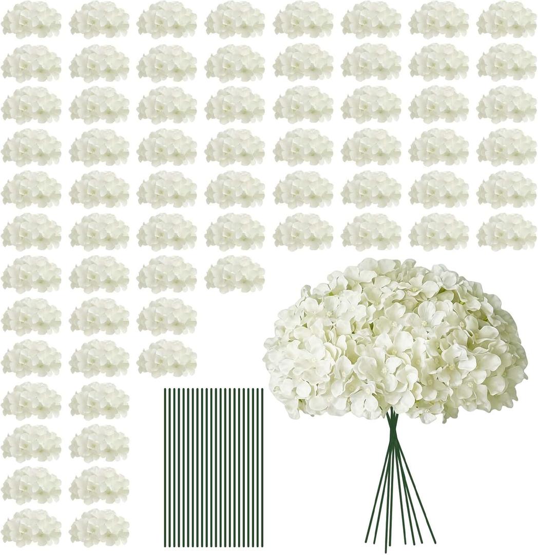 100 PCS White Hydrangea Artificial Flowers, Faux Hydrangea Flowers, Fake Hydrangeas, Silk Hydrangea Flowers with Stems, White Artificial Flowers Bulk for Wedding Party Decor Bulk Artificial Flowers
