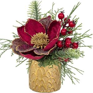 9 inch Red Christmas Table Centerpiece 5" Glitter Magnolia Flower and Red Berries Fir Greenery Artificial Christmas Floral Centerpiece in Golden Ceramic Pot Christmas Tabletop Arrangement Decor