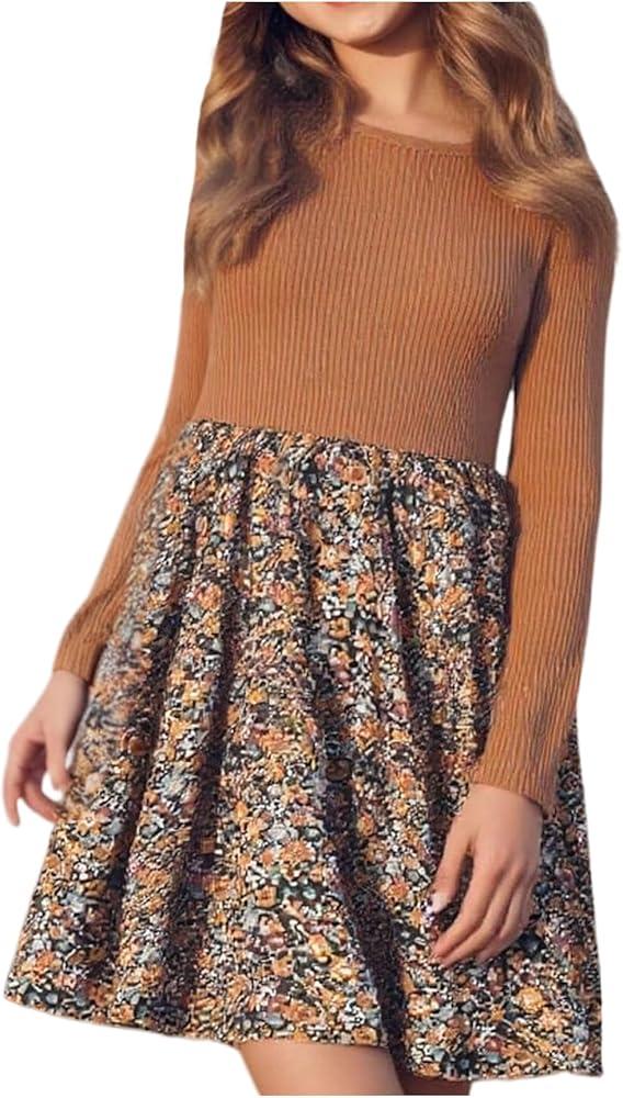 RoseSeek Girl's Floral Ribbed Knit A Line Dresses Long Sleeve Crew Neck Cute Short Dress Cowgirls Fall Outfits, Size 10Y