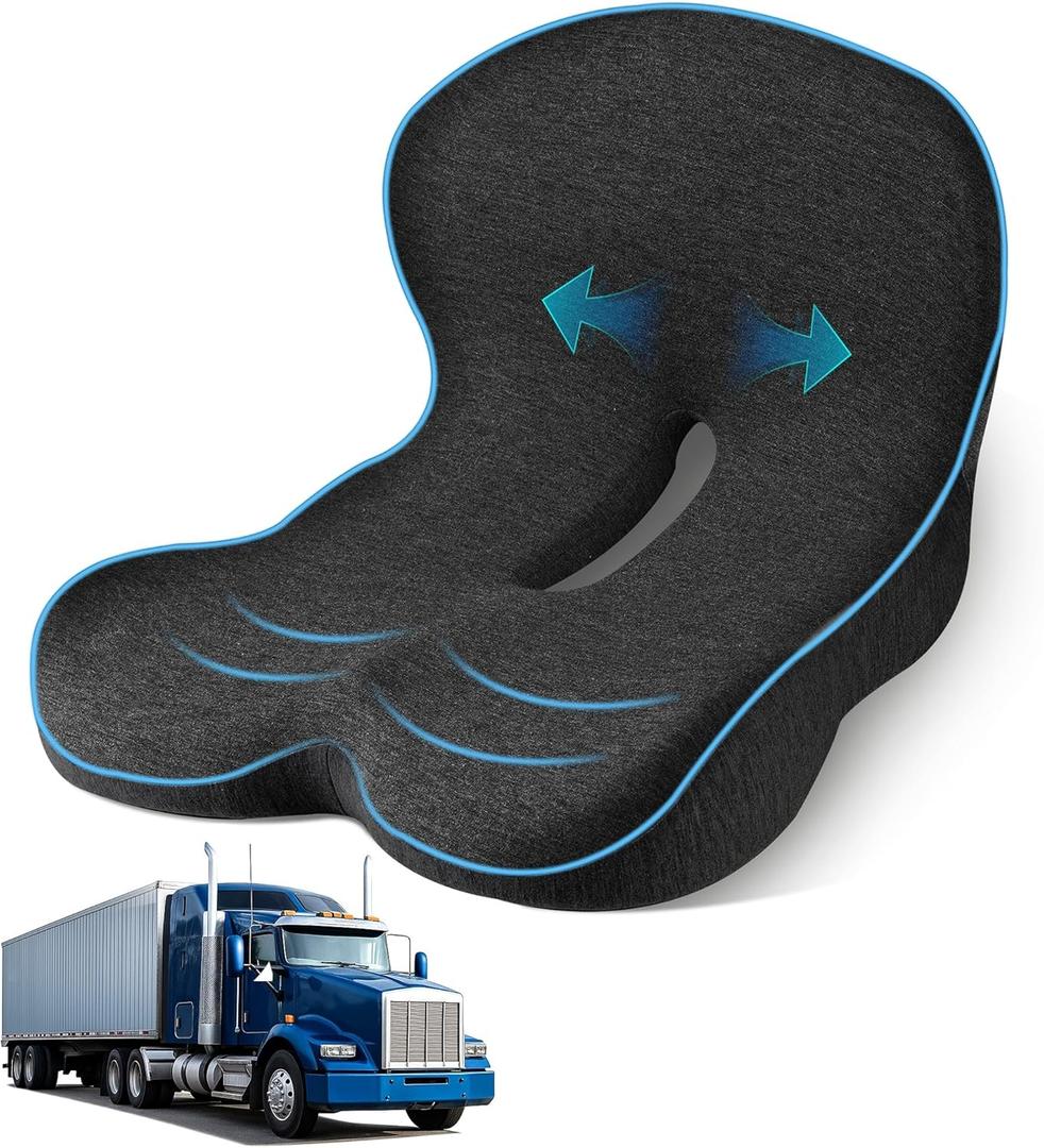 Seat Cushion for Truck Driver, Memory Foam Truck Seat Cushion with L-Shaped Ergonomic Design, Lumbar Support Pillow & Tailbone Pain Relief for Long Driving, Semi Truck Accessories (Average Size, Dark Grey)