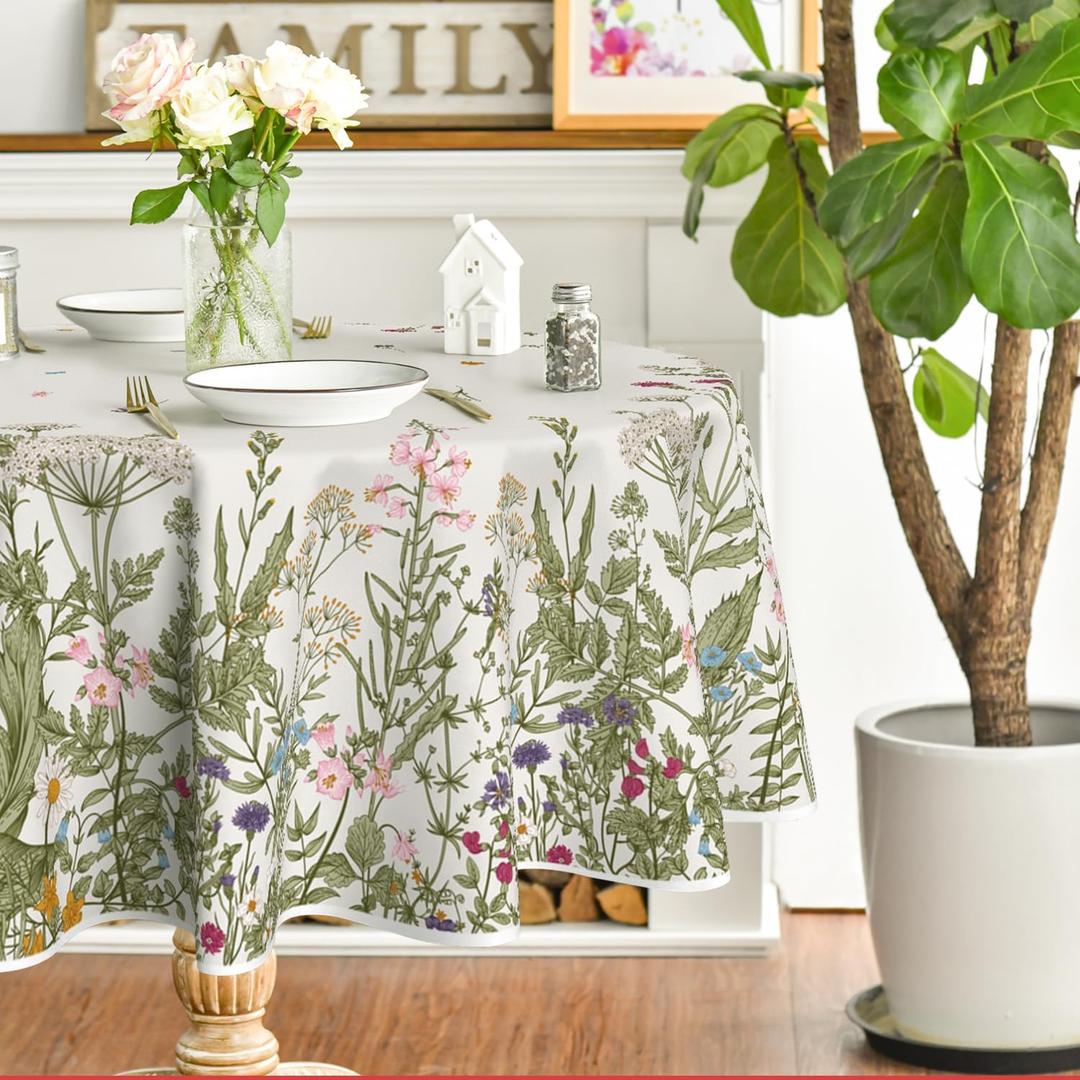 Horaldaily Spring Summer Tablecloth 60x60 Inch Round, Wild Flowers Floral Table Cover for Party Picnic Dinner Decor (Beige)