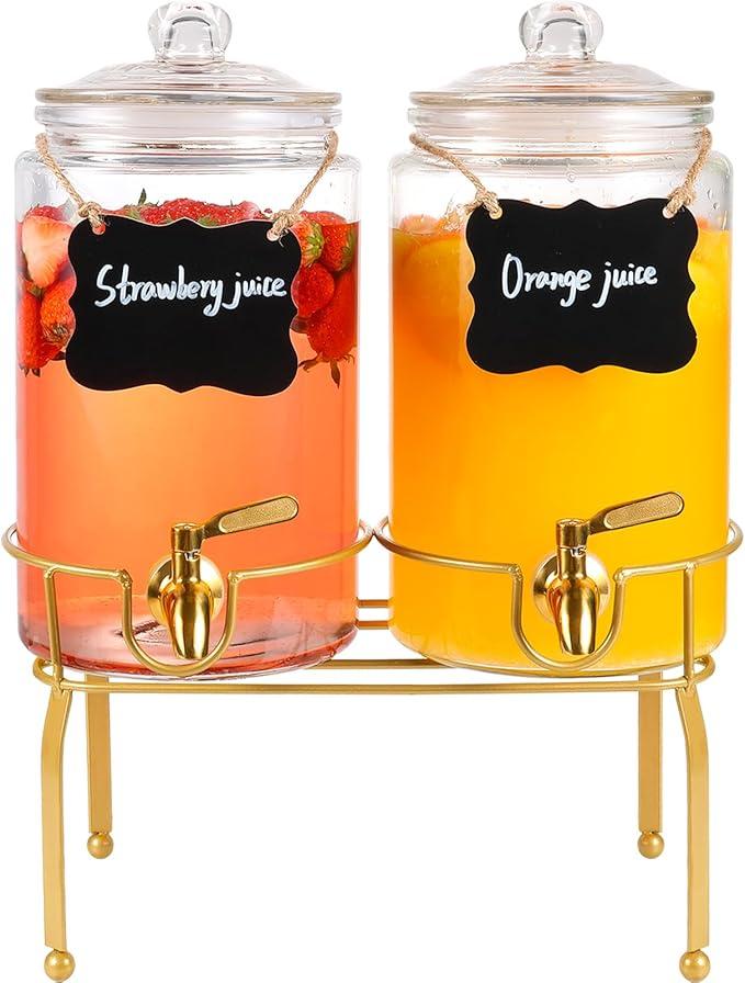 Drink Dispensers for Parties, 2 Pack 1 Gallon Beverage Dispenser with Stand, Drink Dispenser With Glass Lid, juice dispensers for parties
