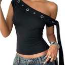 SweatyRocks Women's Y2K One Off The Shoulder Tops Punk Tie Knot Going Out Crop Tank Top (Black, S)
