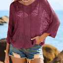 Saodimallsu Womens Crochet Cover Up Top Summer 3/4 Sleeve Off Shoulder Sweater Shirts Mesh Boho Beach Swimsuit Coverup (Red, L)