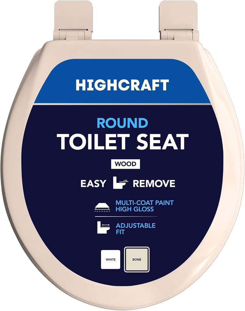 HIGHCRAFT Premium Round Toilet Seat with Adjustable Hinges & Quick Removal Mechanism - Molded Wood Toilet Seat - Fits Standard Round Toilets - Round Seat in Bone/Beige