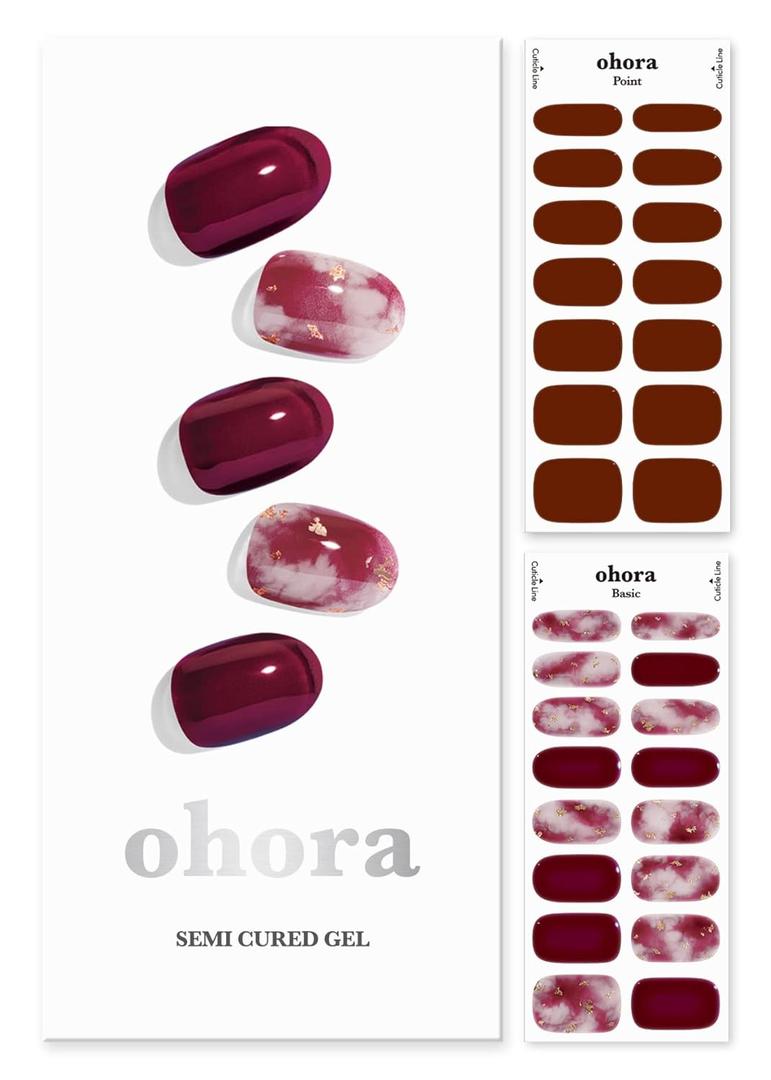 ohora Semi Cured Gel Nail Strips (N Mulberry) - Red, Ombre, Works with Any UV/LED Lamps, Salon-Quality, Long Lasting, Easy to Apply & Remove - Includes 2 Prep Pads, Nail File & Wooden Stick