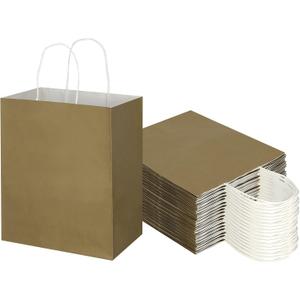 Toovip 50 Pack 8x4.75x10 Inch Medium Gold Kraft Paper Bags with Handles Bulk, Gift Wrap Bags for Favors Grocery Retail Party Birthday Shopping Business Goody Craft Merchandise Take Out Sacks