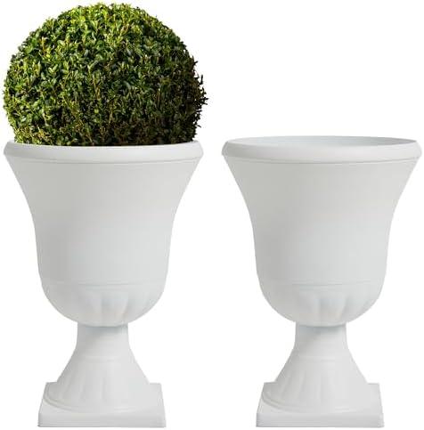 Worth Garden 2-Pack Plastic Urn Planters - 22'' Tall Round Classic Resin Flower Pots Pure White Traditional Large Plant Pots for Front Porch Patio Deck Wedding Decoration Pot - Indoor & Outdoor
