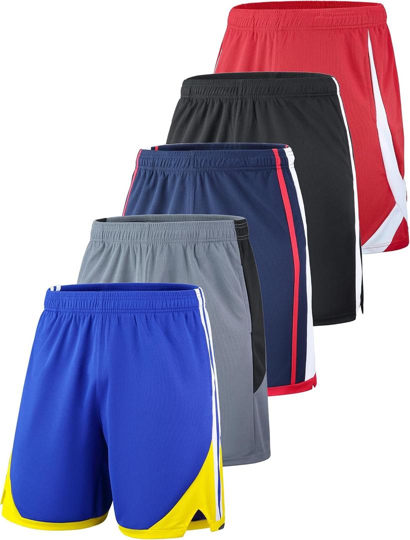 5 Pack Big Boys Youth Athletic Mesh Basketball Shorts with Pockets Quick Dry Activewear (Set 3, Medium)