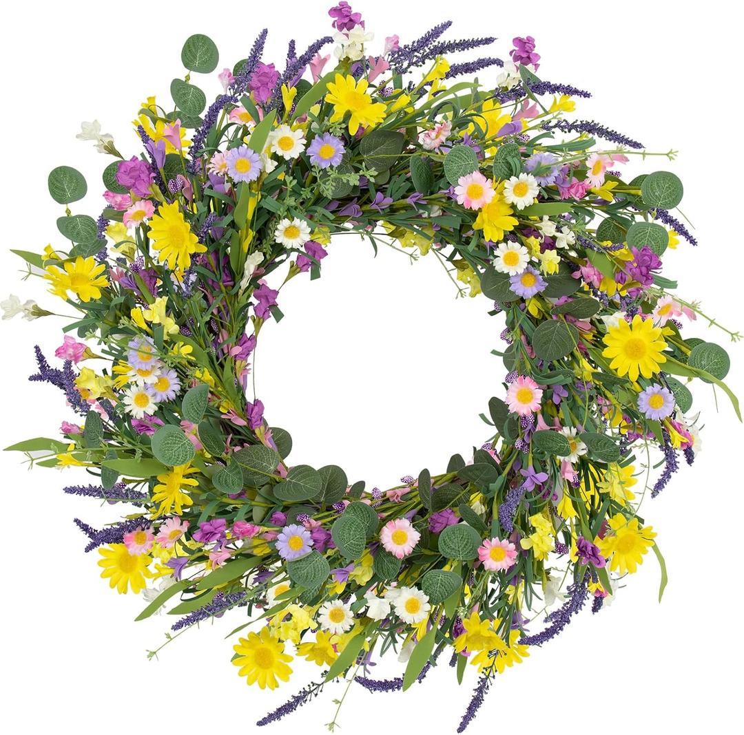 J'FLORU Spring Wreaths for Front Door 22 Inch Artificial Summer Wreath Daisy and Lavender Wreath with Wildflowers for Home Wall Farmhouse Springtime Easter Holiday Party (Multicolor)