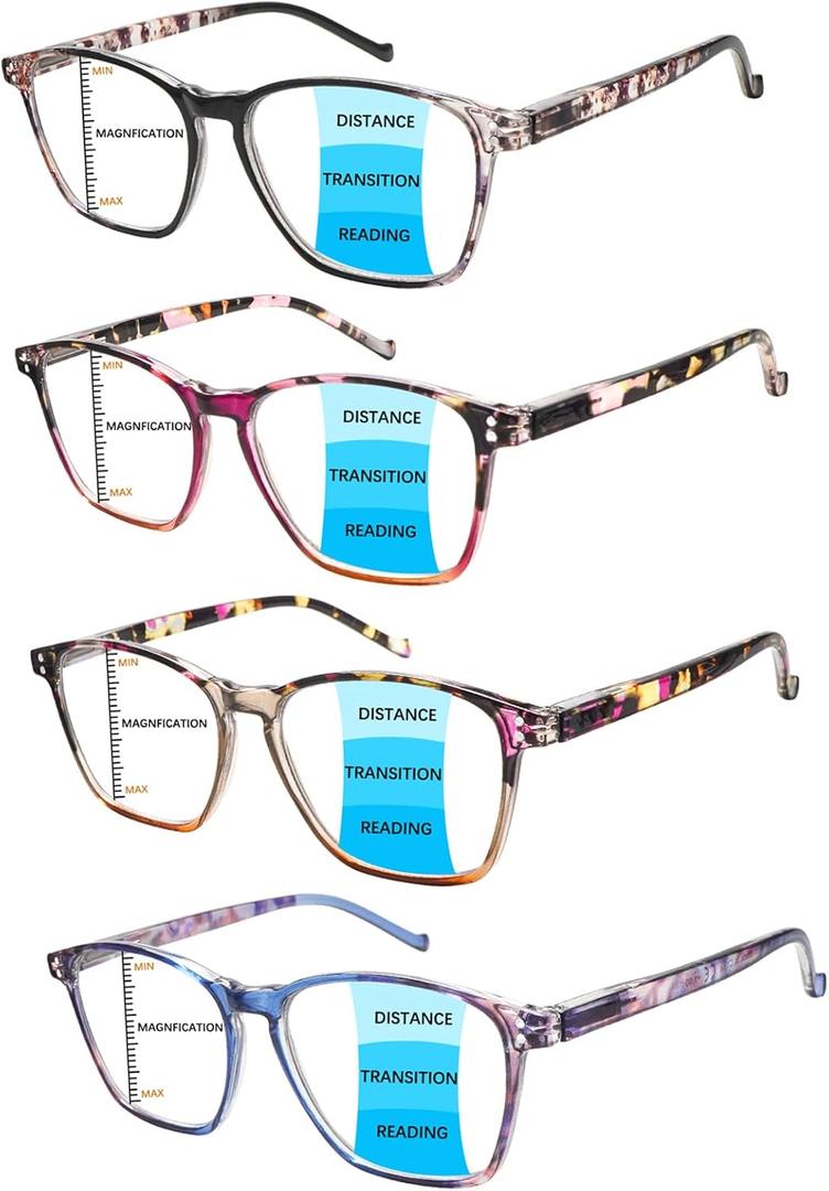 4 Pack Progressive Multifocus Reading Glasses Blue Light Blocking Multifocal Readers for Women (Multicolor)