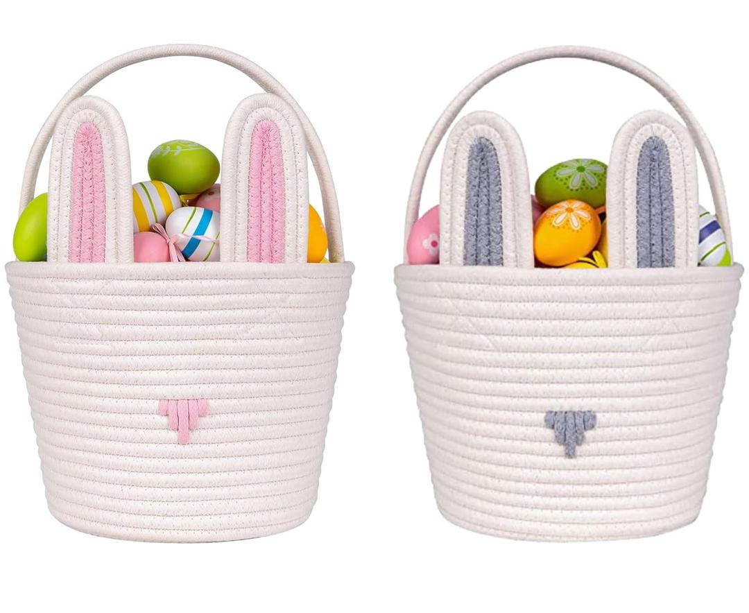 CubesLand Easter Baskets for Kids - Empty 2-Piece Set with Handle, Easter Egg Hunt Basket & Candy Storage Tote (9.8"x7.8"x7.8") - Reusable Bunny Buckets for Toddlers, Boys & Girls Easter Party Gifts (Large)