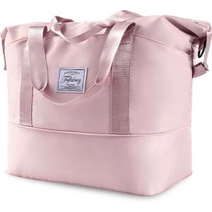 Travel Duffel Bag - Large Shoulder Weekender Overnight Bag, Carry on Bags with Wet Pocket, Waterproof Expandable Duffel Bags with Trolley Sleeve for Sports Travel Gym, Pink