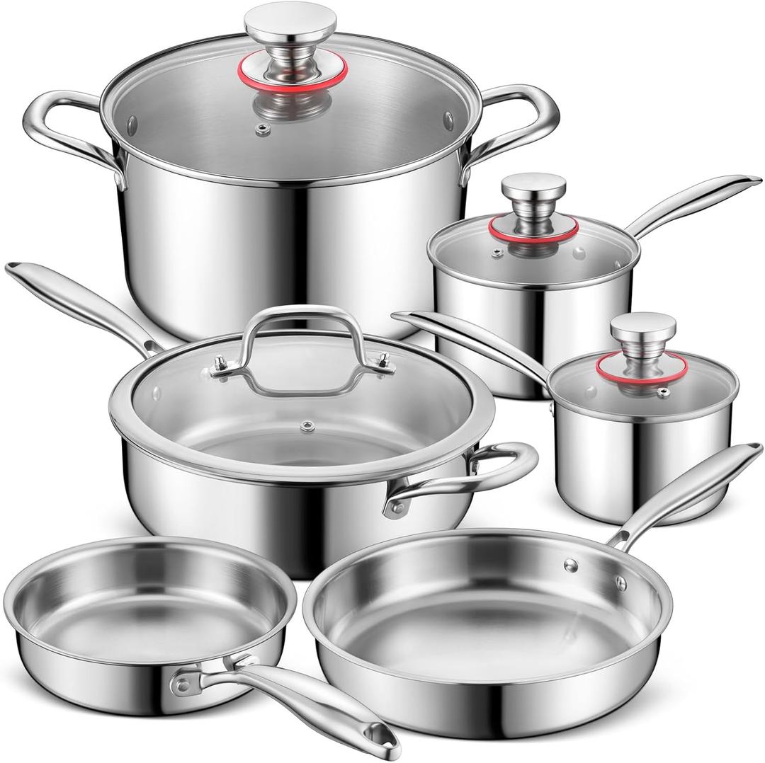 P&P CHEF 3-Ply Stainless Steel Pots and Pans Set, 10 Pcs Stainless Steel Cookware Sets for Kitchen, Induction Non-toxic Kitchen Cooking Set w/Fry Pans, Saucepans, Stockpot, Saute Pan