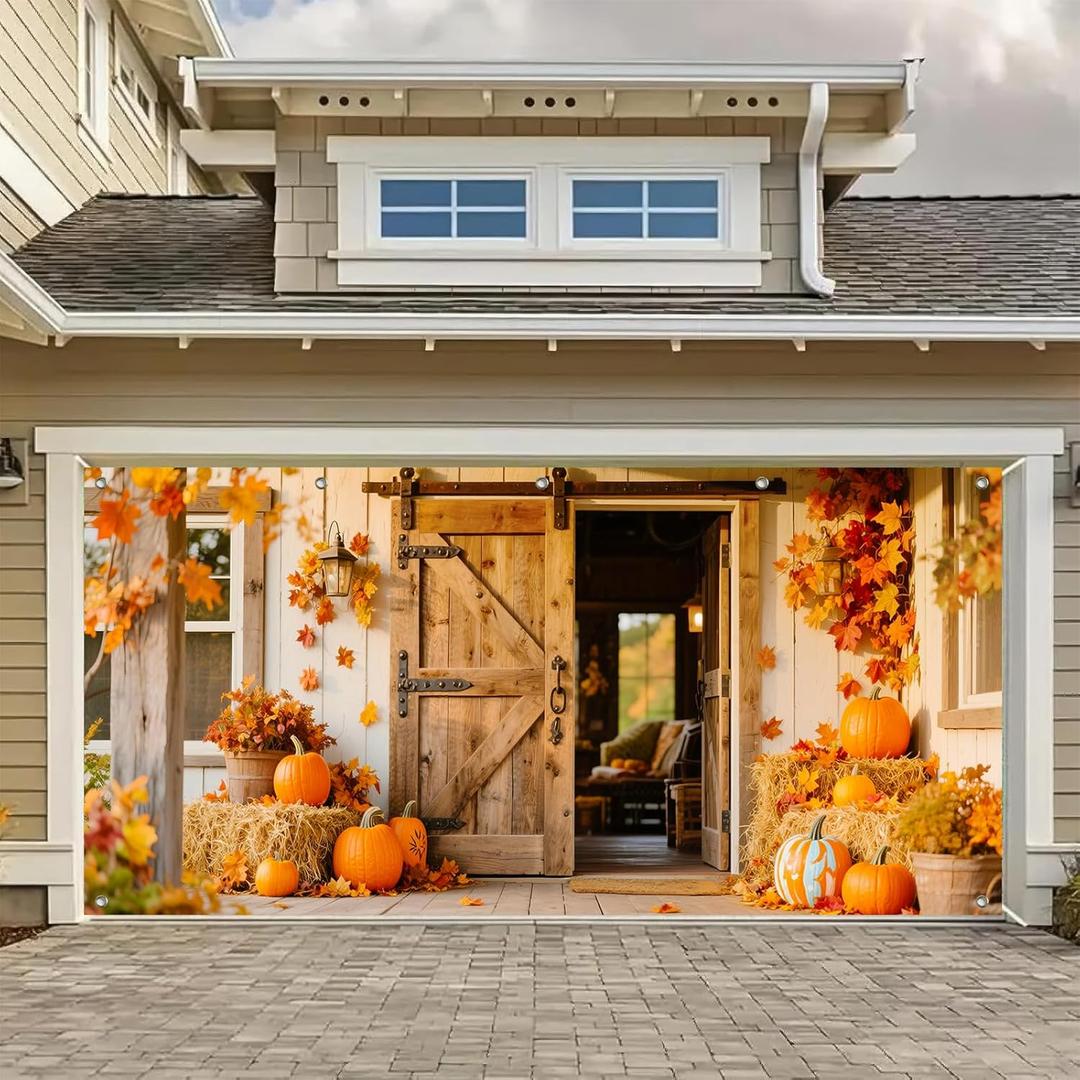 Fall Garage Door Banner 13x6FT Thanksgiving Outdoor Garage Door Cover with Pumpkins Hay Bales Autumn Leaves for Front Porch Harvest Decor Polyester Garage Backdrop Decoration