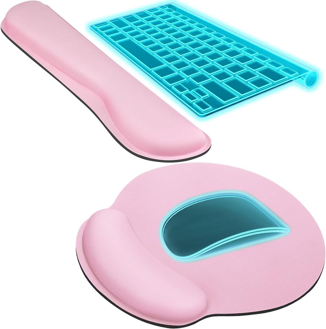 KTRIO Ergonomic Keyboard Wrist Rest, Memory Foam Mouse Pad with Wrist Rest for Computer Keyboard, Mouse Pad Set for Easy Typing & Pain Relief for Office & Home, Pale Pink