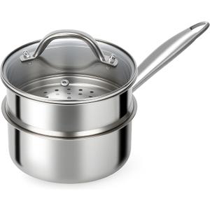 Ohtomber Stainless Steel Sauce Pan - Tri-Ply 1.5 Quarts Steamer for Cooking, Small Cooking Pot with Steamer Basket, Sauce Pan with Lid, Non Stick Saucepan, Induction Steam Pot for Vegetable, Oatmeal