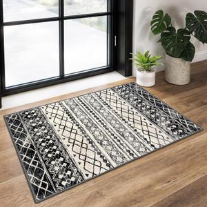 KUTA Moroccan Area Rugs 2x3, Black Navy Blue Entryway Rug Non-Slip Washable Small Indoor Door Mat, Ultra Soft Print Vintage Geometric Low-Pile Floor Carpet for Entrance, Kitchen