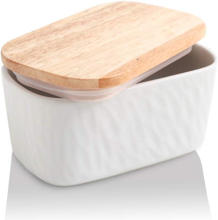 Porcelain Large Butter Dish with Lid for Countertop, Airtight Butter Container with Oak Lid, Butter Crock, Perfect for 2 Sticks of Butter, Texture Series (White)