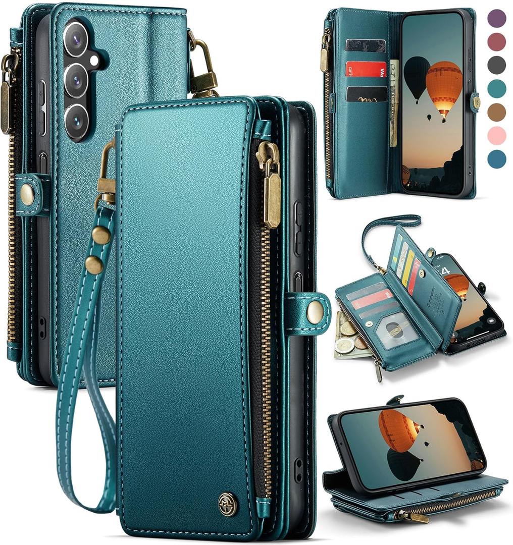Defencase Compatible with Galaxy A15 5G Case Wallet with RFID Blocking Card Holder for Women Men, PU Leather Magnetic Snap Flip Zipper Strap Wallet Phone Case Fit for Samsung Galaxy A15 5G, Blue Green