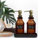 LMQML Soap Dispenser - 2 Pack, Antique Design Thick Amber Glass Hand Soap Dispensers with Sturdy Tray; 304 Rust Proof Stainless Steel Black Pump, 12Pcs Stickers, for Kitchen, Bathroom - Brushed Gold