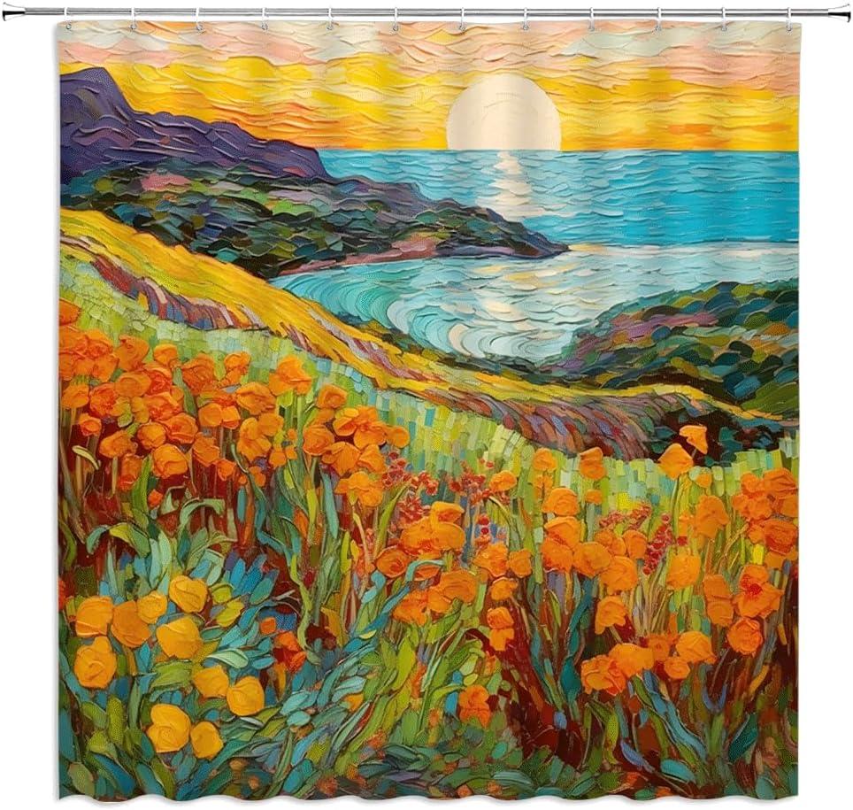 Orange Flower Shower Curtain Oil Painting Style Sunset Ocean View Green Leaf Mountain Art Spring Fabric Bathroom Decor Curtains with Hooks,70 x 70