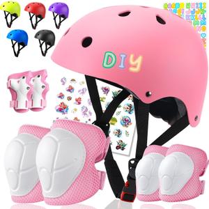 Color Gradient Kids Bike Helmet and Pads Adjustable Helmet for Kids Protective Gear Set with Elbow Knee Pads Wrist Guards for Cycling Bicycle, Size: Small: 20.1"-21.2"/51-54cm