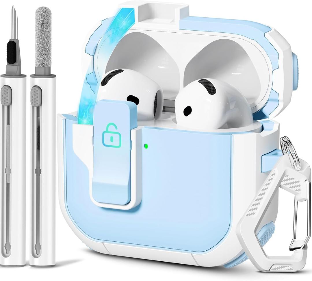 with Safety Lock for AirPods 4th Generation Case 2024, Unique Cute Kawaii AirPod 4 Case with Cleaning Kit and Keychain, iPod 4 Case for Women Girls Kids -Sky Blue