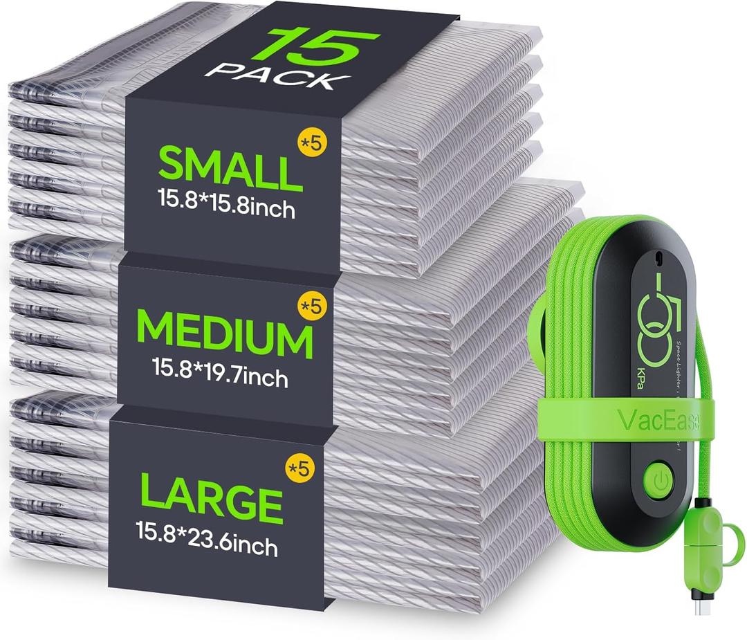 Vacbird Vacuum Bags for Travel with USB Electric Pump, 15 Pack Carry-on Size Compression Packing for Luggage and Suitcase, Space Saver Bags for Clothes and Clothing Travel